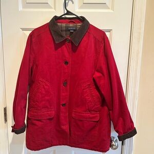 Lands' End Barn Coat Women's Large Petite Red Chore Jacket Corduroy Plaid Lined